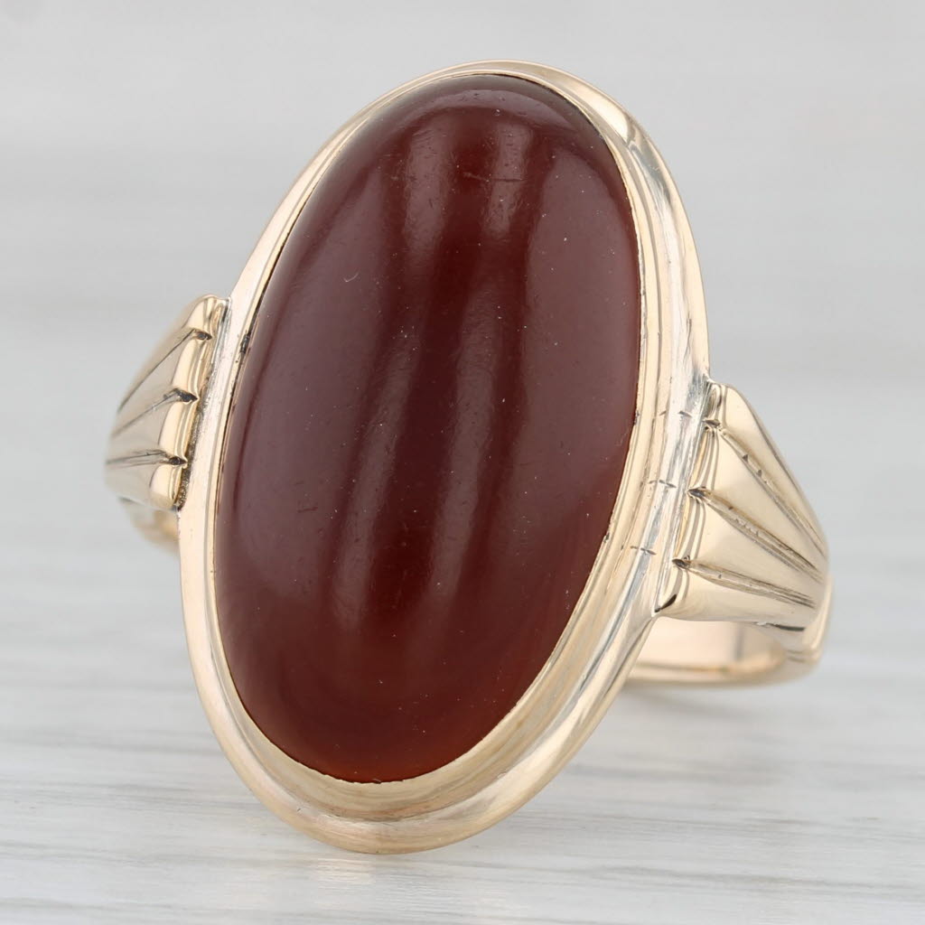 Light Gray Sardonyx Carnelian Oval Cabochon Solitaire Ring 10k Yellow Gold Sz 7.75 Vintage