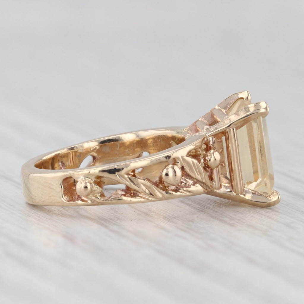 Light Gray 0.70ct Emerald Cut Citrine Solitaire Ring 14k Yellow Gold Floral Band Size 3