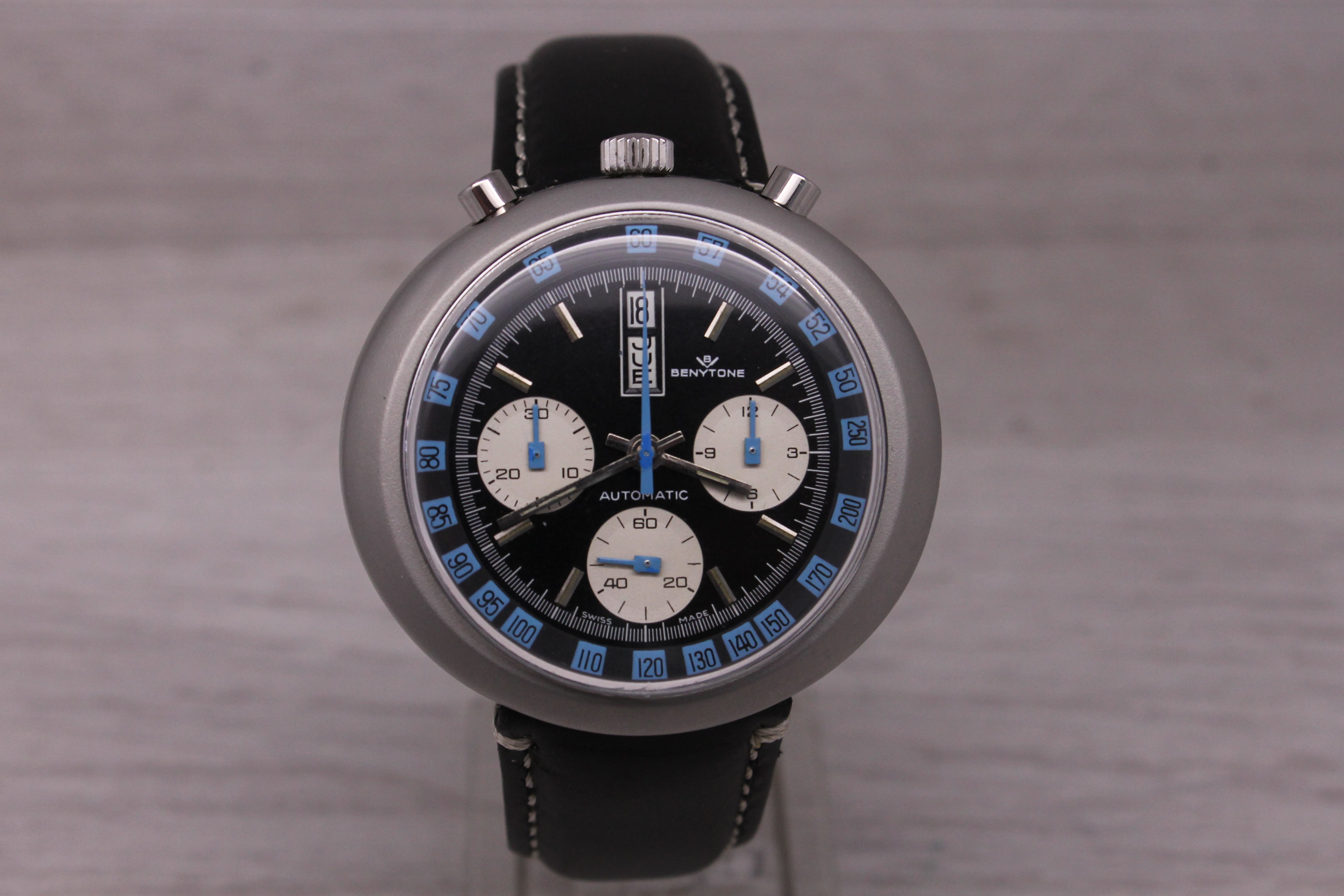 Vintage Benytone Bullhead 46mm Automatic Chronograph Watch Blue Black Funky