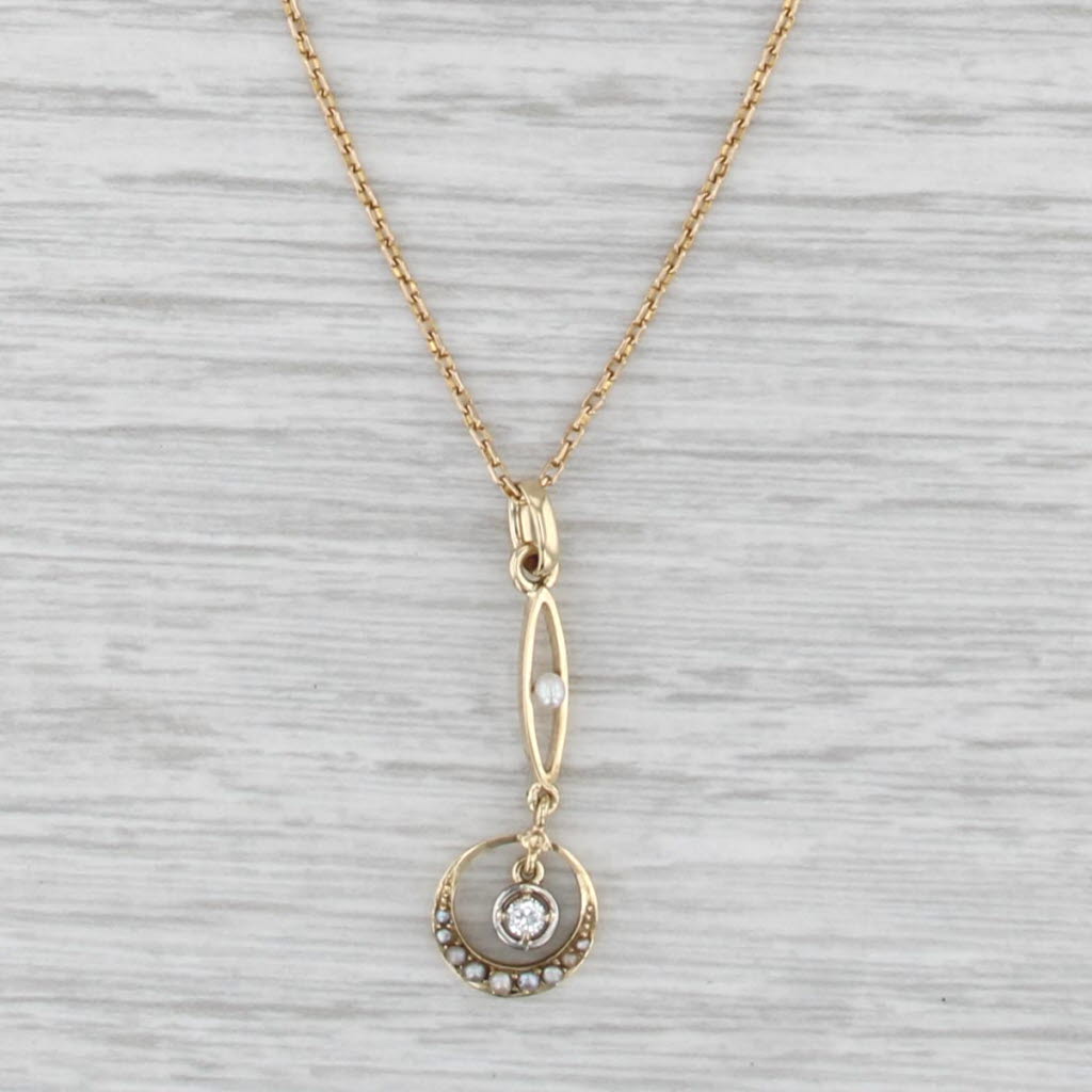 Vintage Pearl Diamond Lariat Pendant Necklace 14k Gold 15.75" Cable Chain