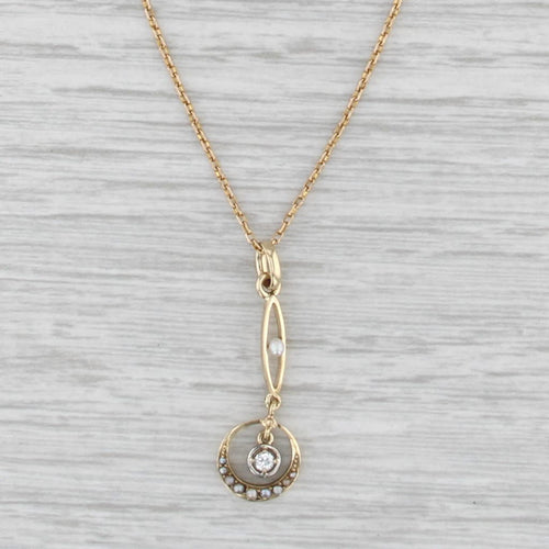 Vintage Pearl Diamond Lariat Pendant Necklace 14k Gold 15.75" Cable Chain