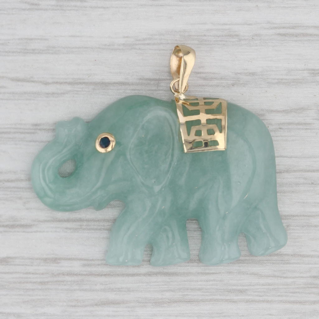 Green Jadeite Jade Elephant Pendant Shou Longevity Chinese Sapphire 14k Gold