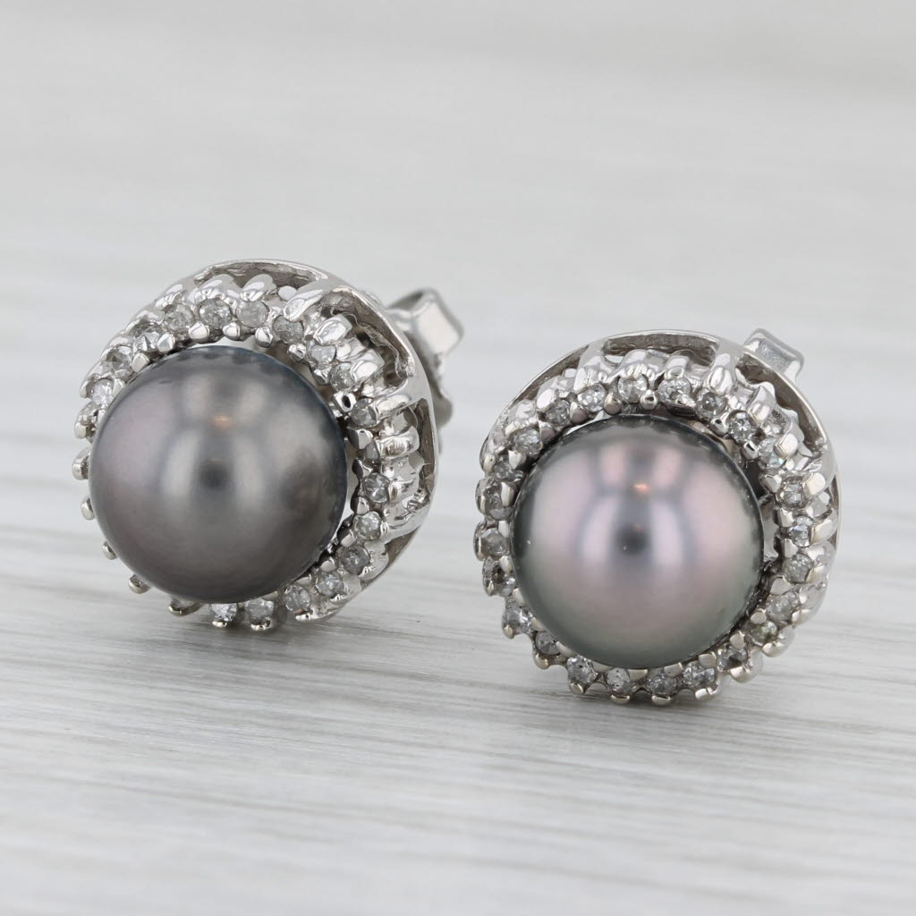 Light Gray Black Cultured Pearl Diamond Halo Stud Earrings 14k White Gold Lia Sophia