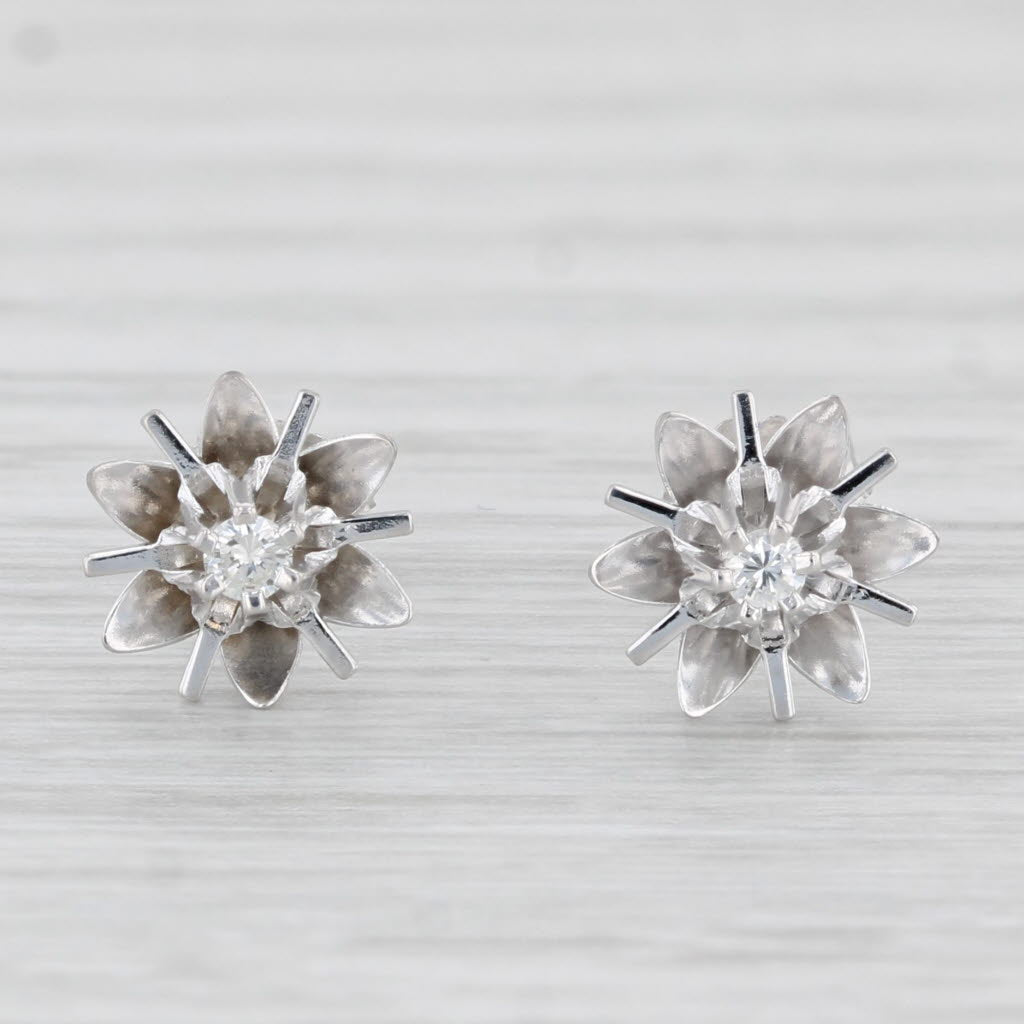 Light Gray Vintage Solitaire VS2 Diamond Flower Stud Earrings 14k White Gold Studs