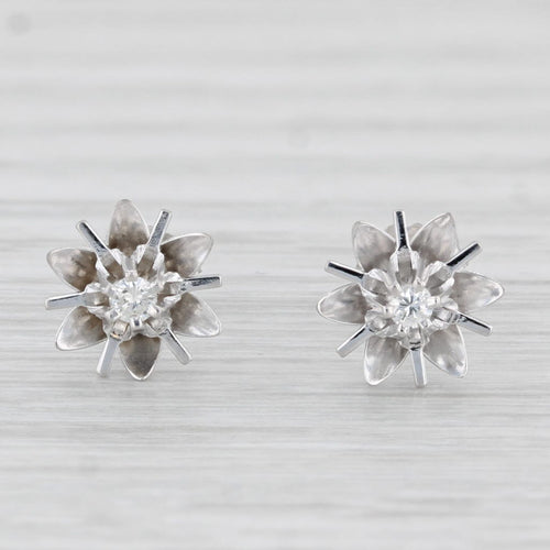 Light Gray Vintage Solitaire VS2 Diamond Flower Stud Earrings 14k White Gold Studs
