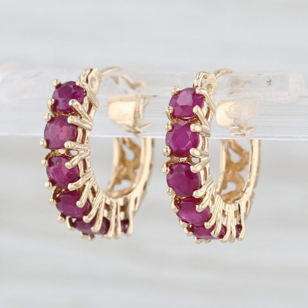 1.36ctw Ruby Small Hoop Huggie Earrings 14k Yellow Gold Small Round Hoops