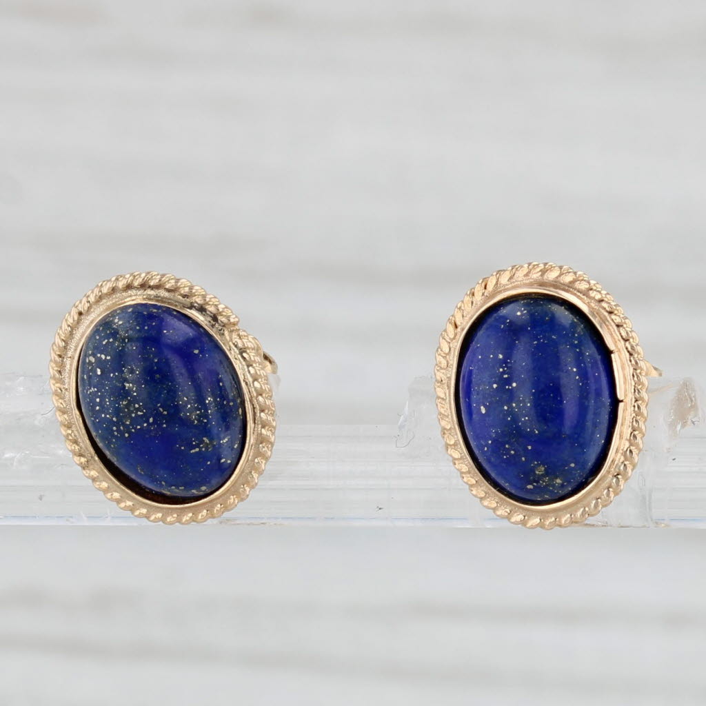 Light Gray Lapis Lazuli Stud Earrings 14k Yellow Gold Oval Cabochon Solitaires