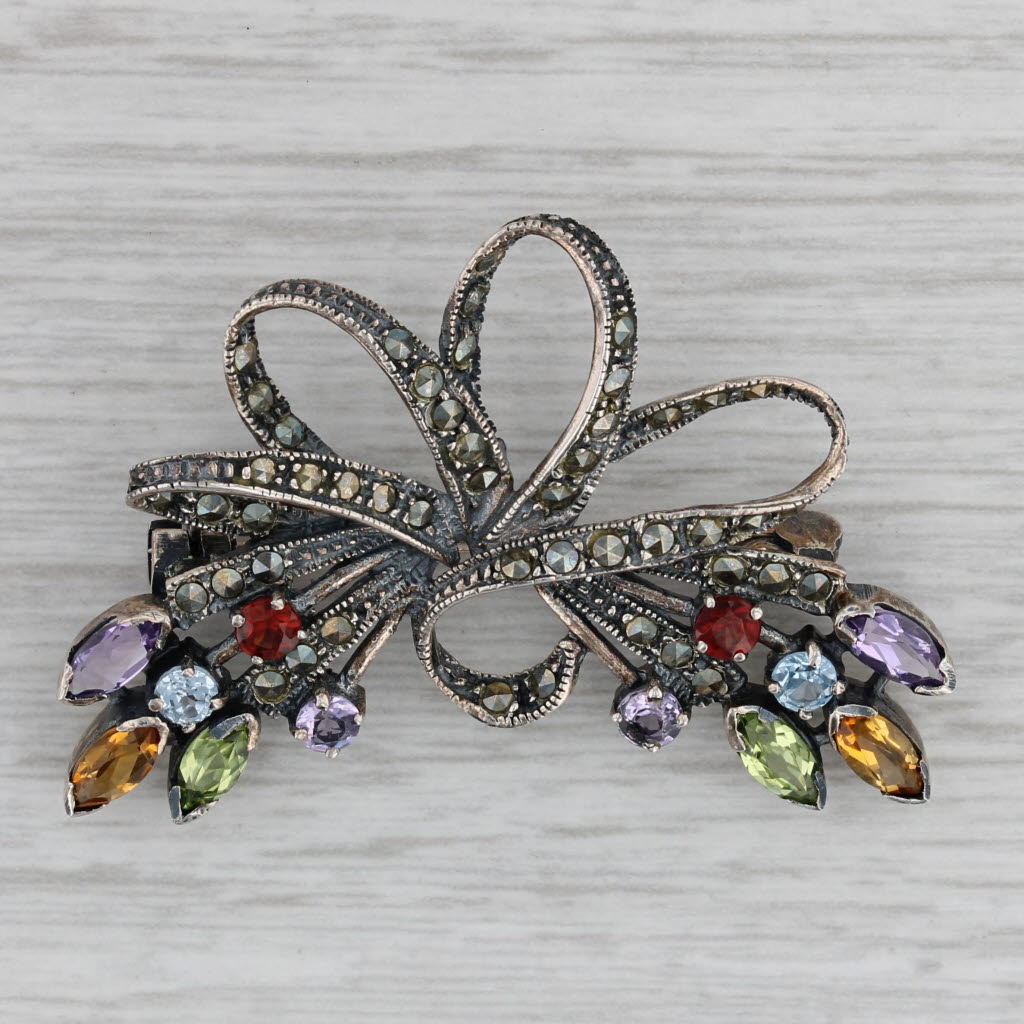 Gray Vintage 1.92ctw Gemstone Bow Brooch Sterling Silver Amethyst Citrine Peridot Pin