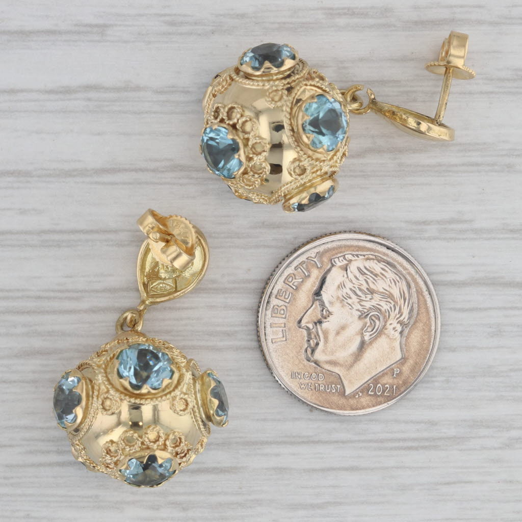 Gray 6ctw Blue Topaz Etruscan Style 18k Yellow Gold Dangle Earrings