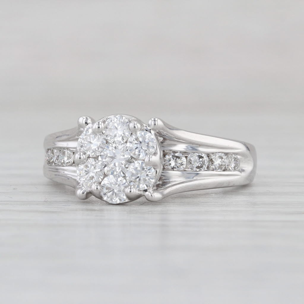 0.87ctw Diamond Cluster Engagement Ring 14k White Gold Size 6.75