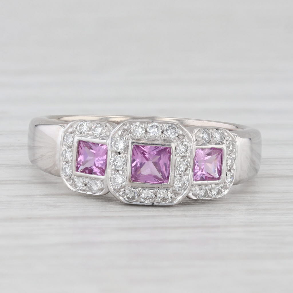 Light Gray 0.87ctw Pink Sapphire Diamond Halo 3-Stone Ring 14k White Gold Size 6.5