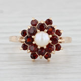 Cultured Pearl Garnet Flower Ring 14k Yellow Gold Size 6.75