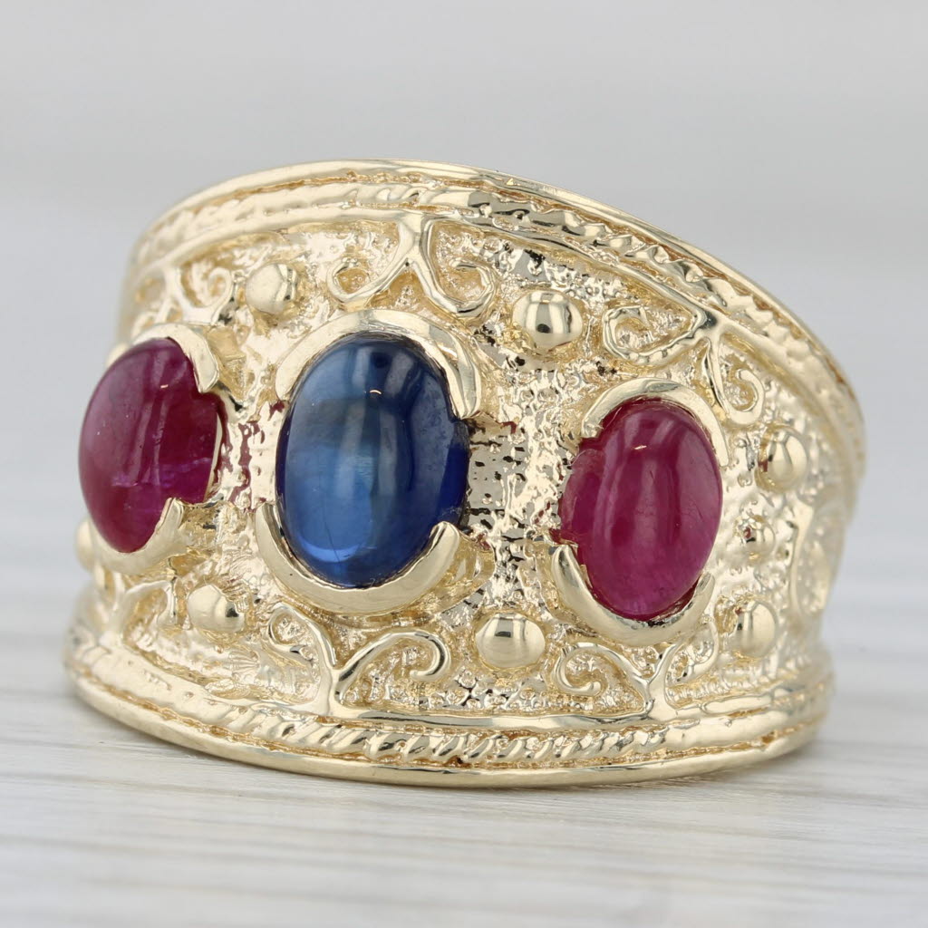 Gray Blue Sapphire Ruby Ring 14k Yellow Gold Size 7 Orange 3-Stone
