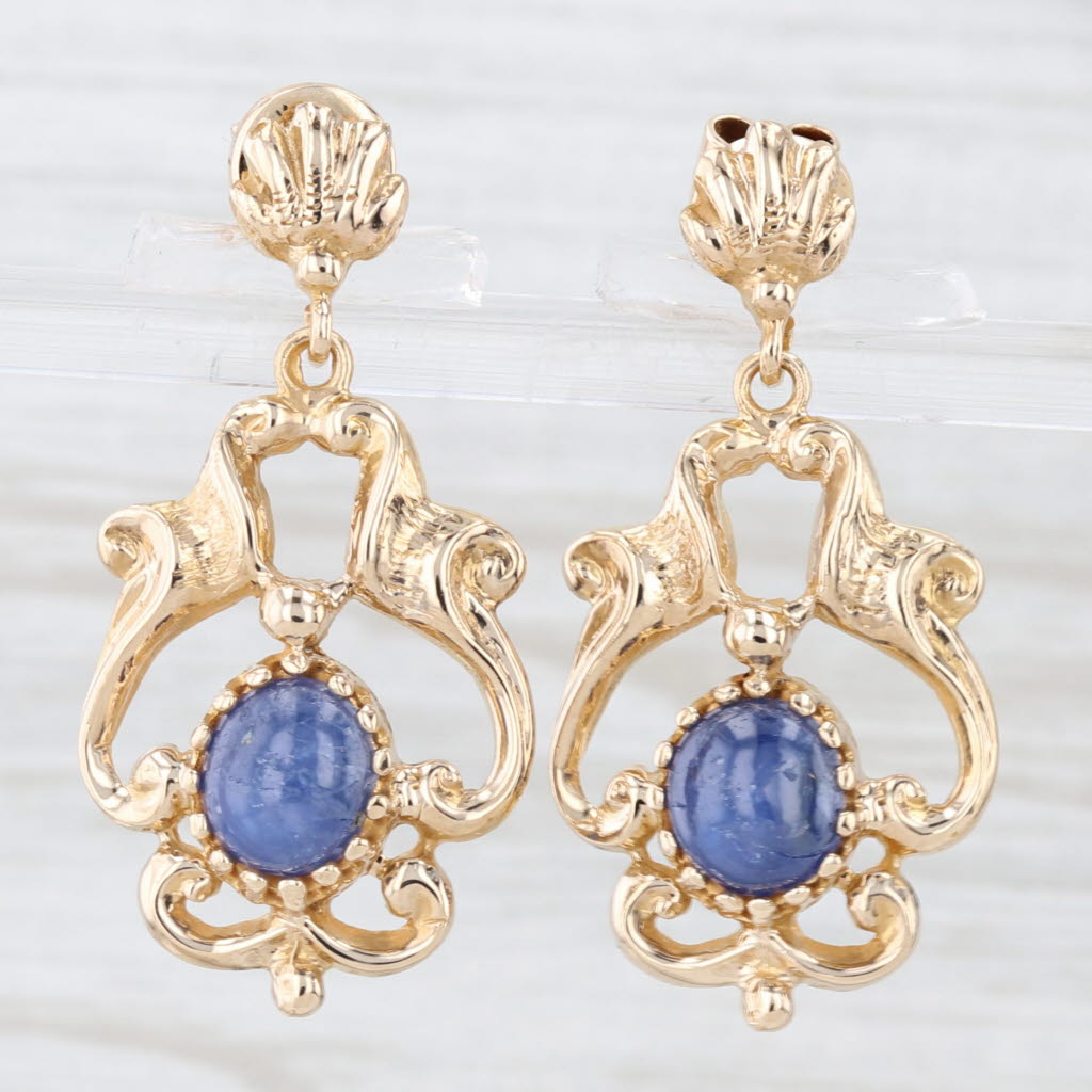 Light Gray Vintage Blue Cabochon Sapphire Dangle Earrings 14k Yellow Gold Ornate Drops