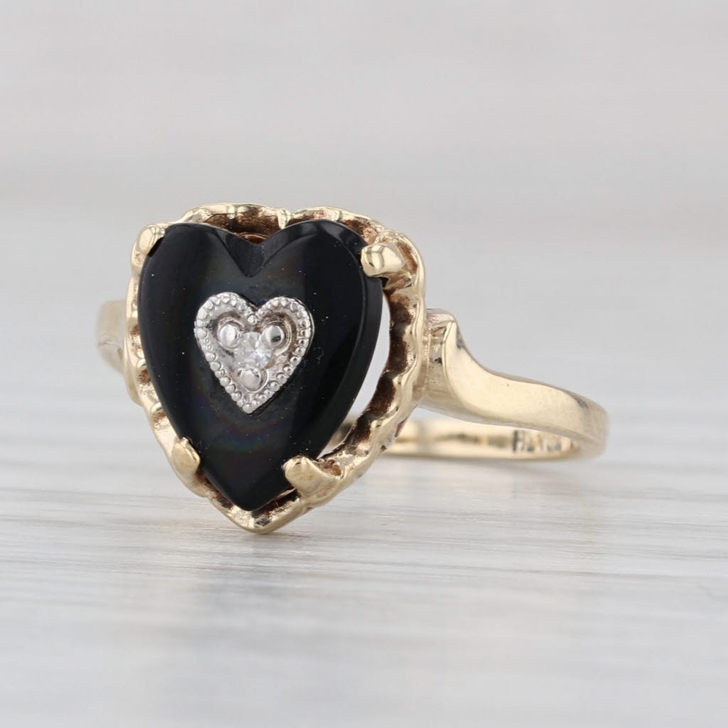 Vintage Onyx Heart Diamond Signet Ring 10k Yellow Gold Size 6