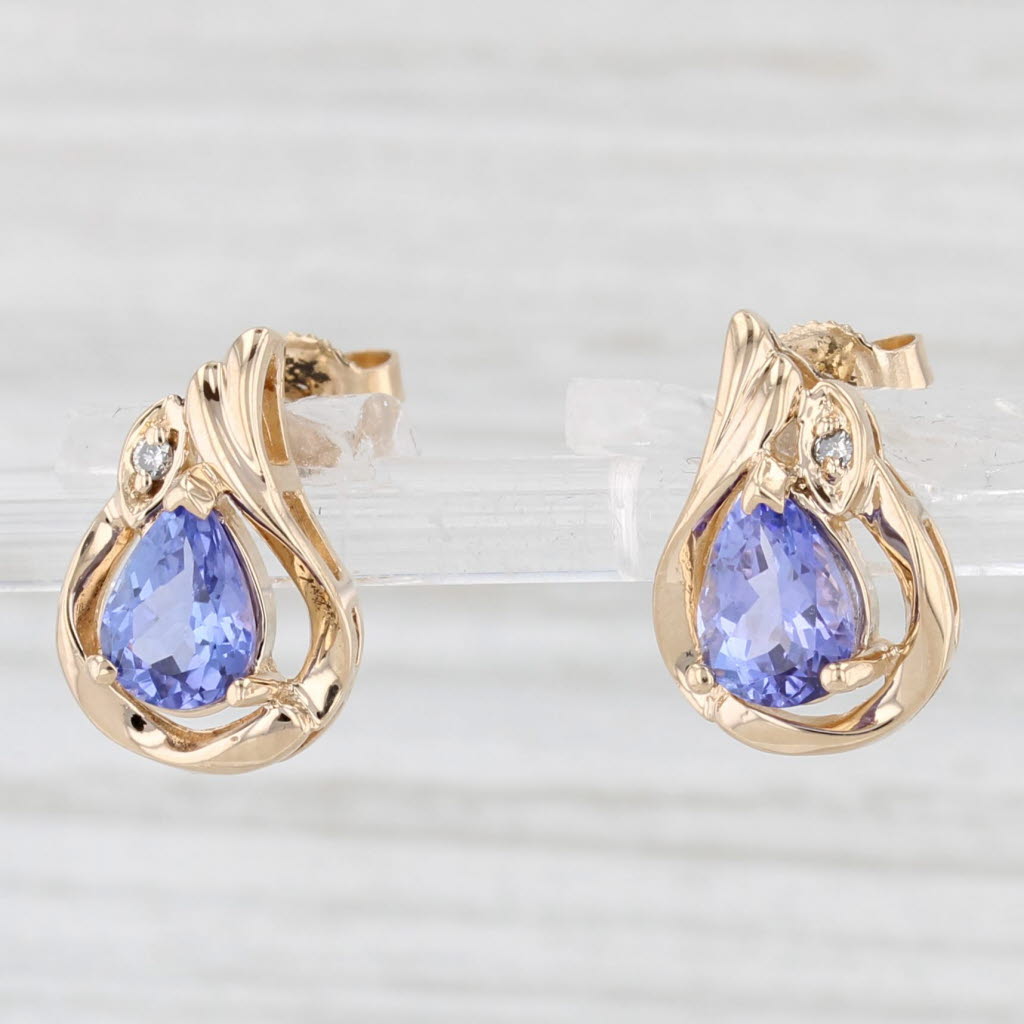 Light Gray 1.20ctw Tanzanite Teardrop Stud Earrings 14k Yellow Gold Diamond Accents