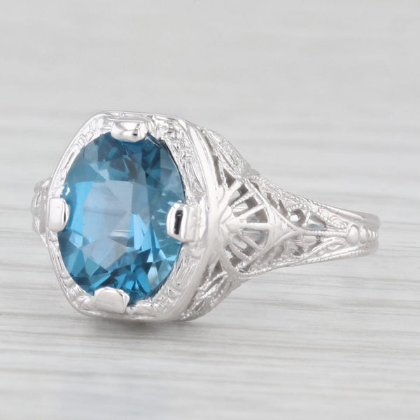 Vintage 1.84ct London Blue Topaz Filigree Ring 14k White Gold Sz 7.5 Engagement