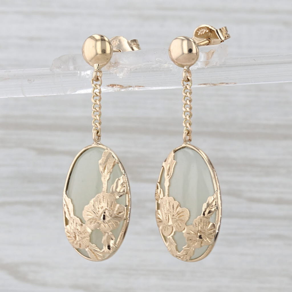 Green Nephrite Jade Flower Dangle Earrings 14k Yellow Gold Drops