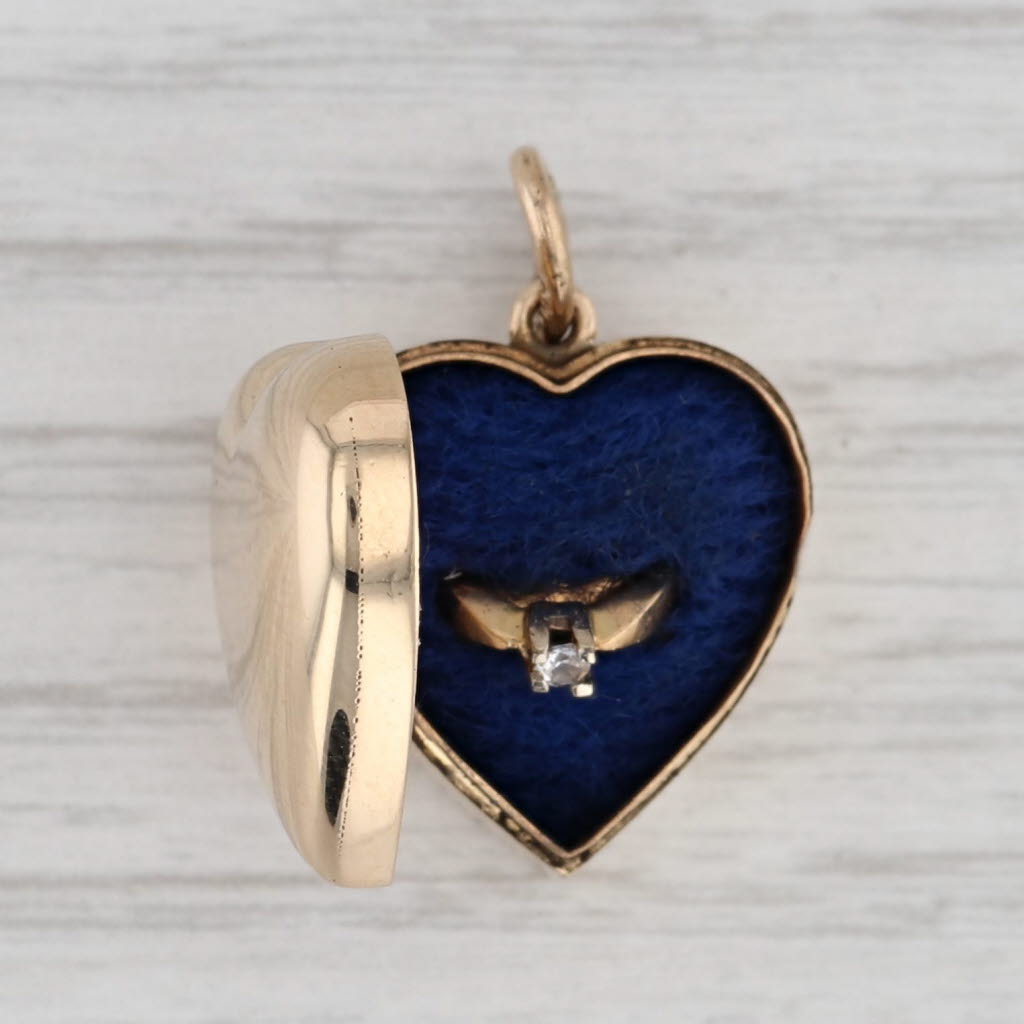 Gray Vintage Heart with Ring Trinket Box Charm 14k Gold Bridal Gift Pendant