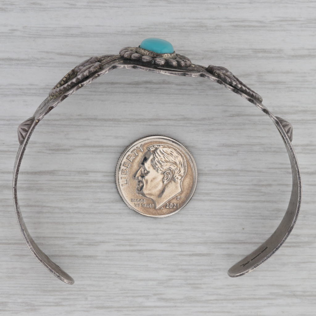 Dark Gray Vintage Native American Stamped Turquoise Cuff Bracelet Sterling Silver 7" Bell