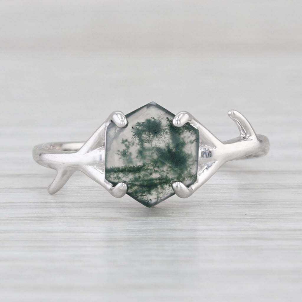 Green Moss Agate Solitaire Ring 14k White Gold Size 8