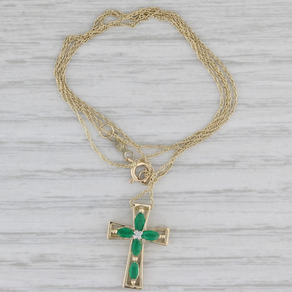 Gray 0.38ctw Emerald Diamond Cross Pendant Necklace 10k Yellow Gold 18" Rope Chain