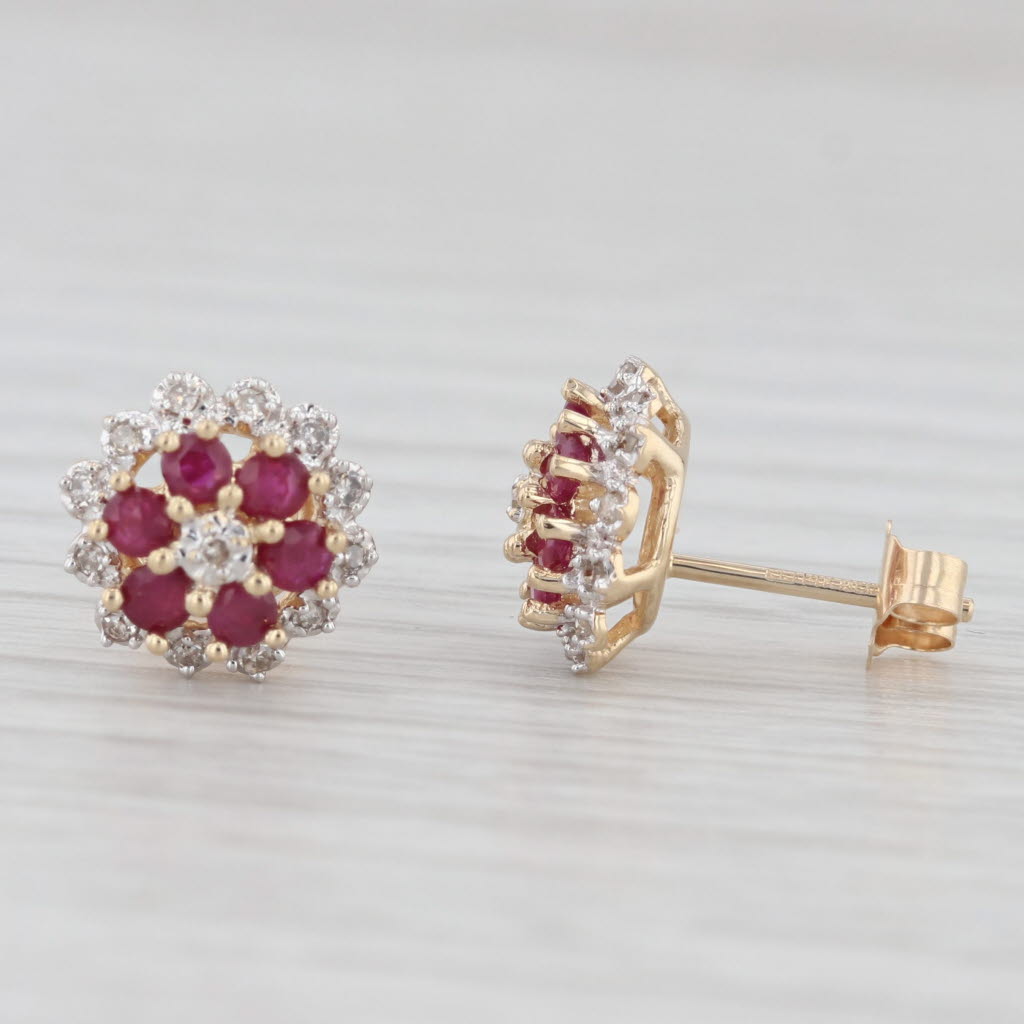 Light Gray 0.84ctw Ruby Diamond Flower Cluster Stud Earrings 14k Yellow Gold