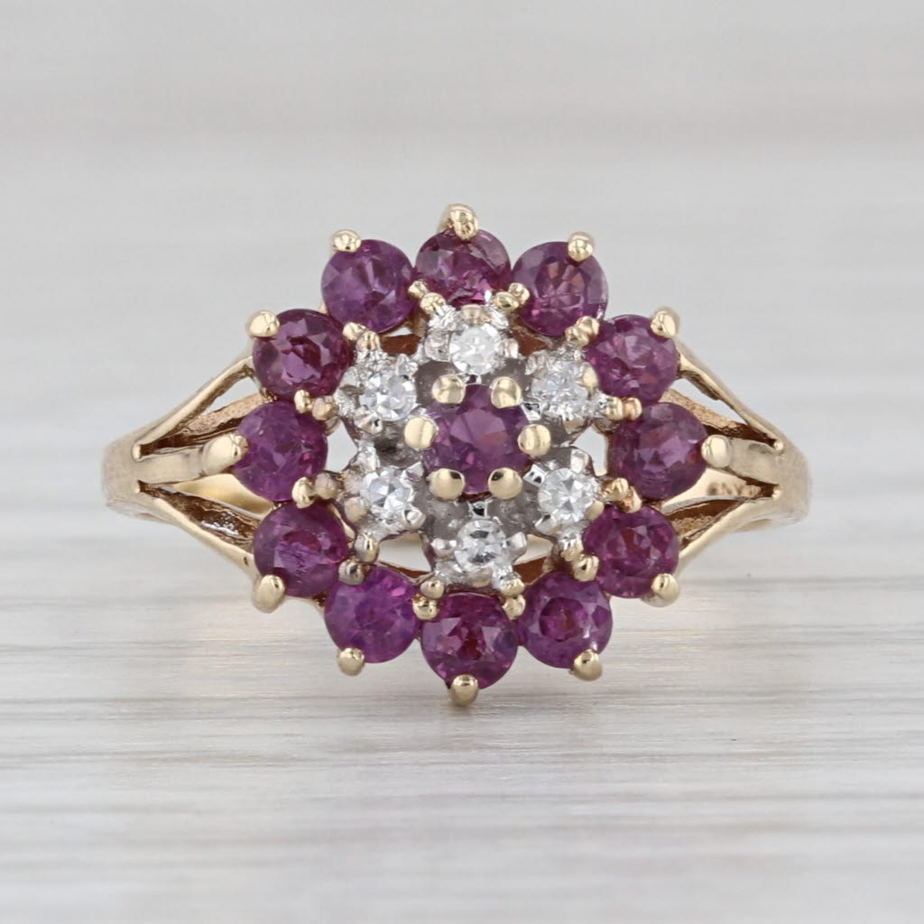 0.95ctw Ruby Sapphire Diamond Cluster Flower Ring 10k Yellow Gold Size 5.25