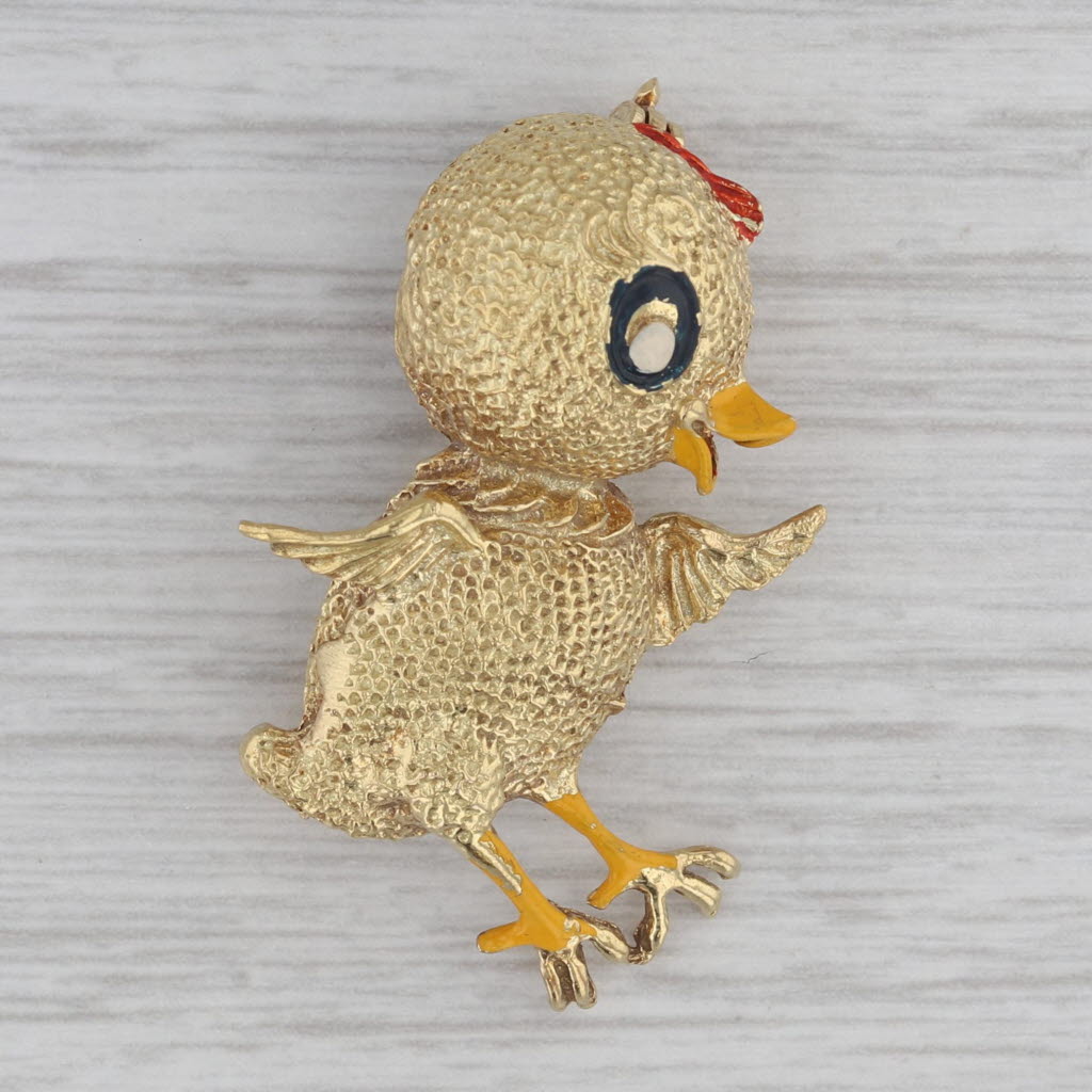 Gray Vintage Little Chicken Brooch 18k Yellow Gold Enamel Pin