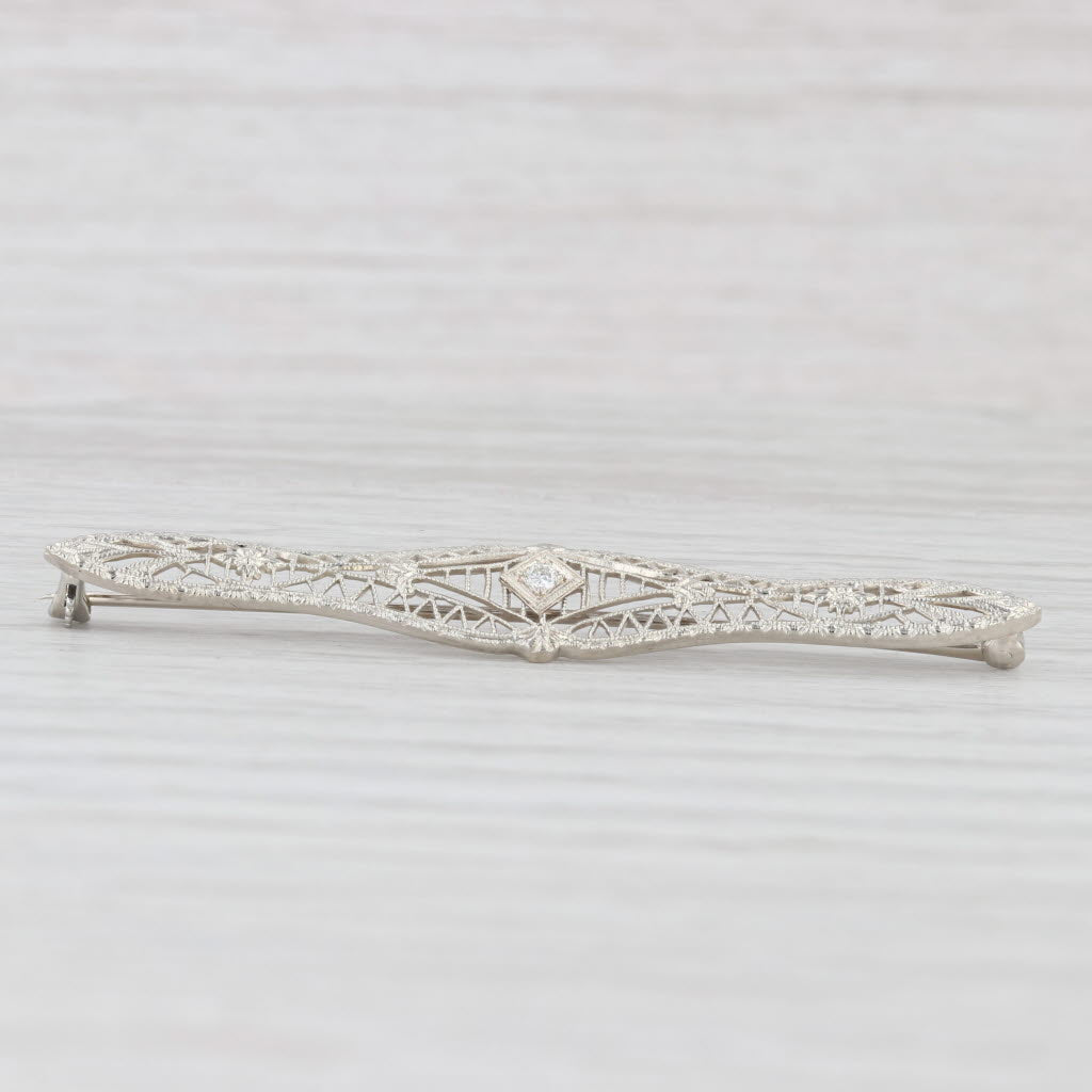 Light Gray Krementz Vintage Diamond Filigree Bar Brooch 10k 14k White Gold Pin