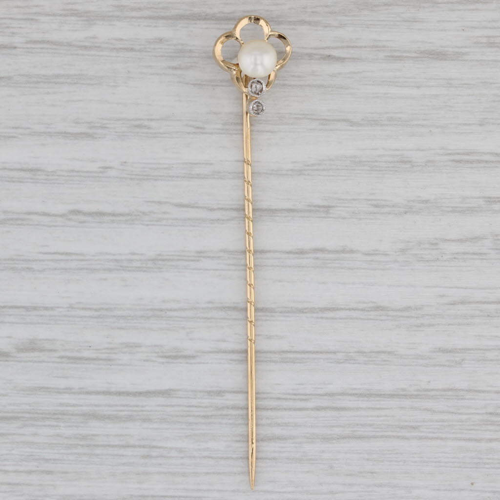 Gray Antique Cultured Pearl Diamond Stickpin 18k Pin 14k Top Yellow Gold