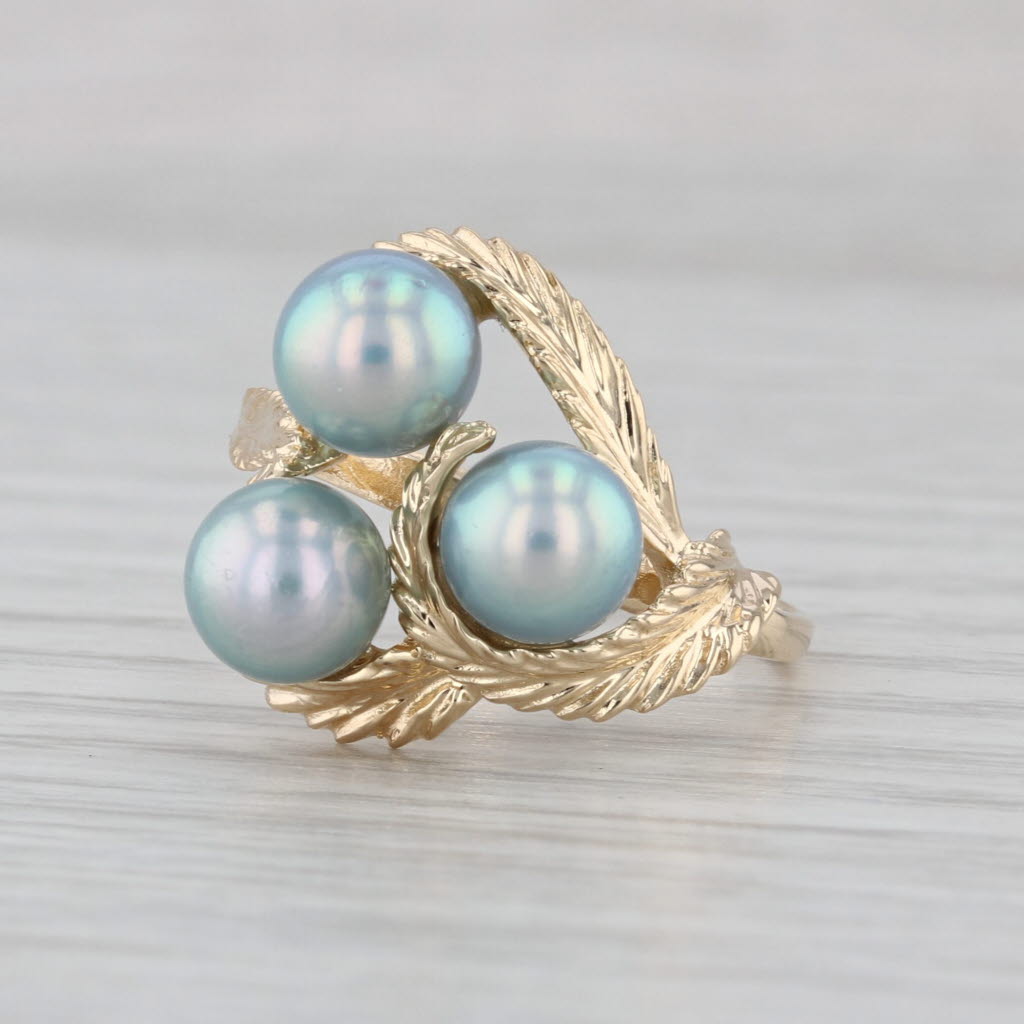 Vintage Saltwater Cultured Pearl Bypass Floral Ring 14k Yellow Gold Size 6