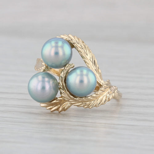 Vintage Saltwater Cultured Pearl Bypass Floral Ring 14k Yellow Gold Size 6