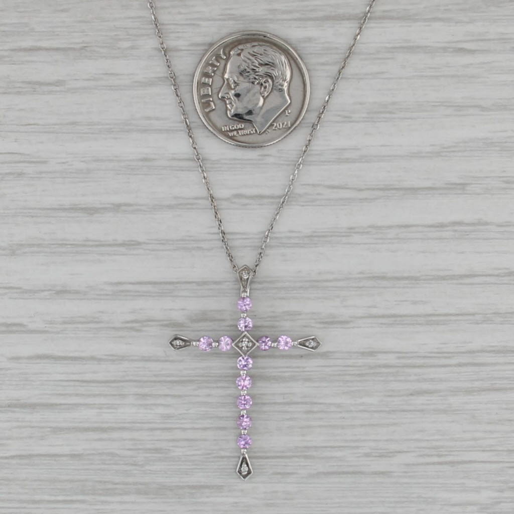 0.62ctw Pink Sapphire Diamond Cross Pendant Necklace 10k White Gold Cable Chain