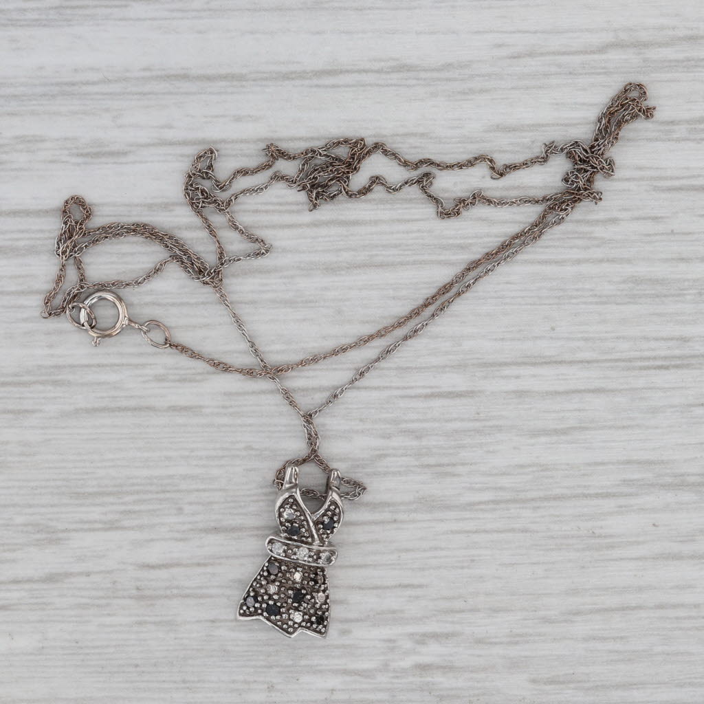 Gray Black White Diamond Dress Pendant Necklace 10k White Gold 18" Rope Chain