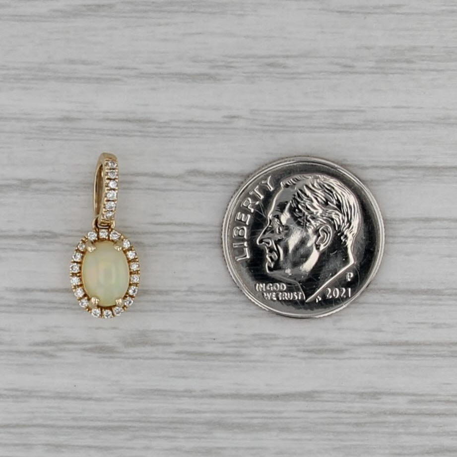Oval Cabochon Opal Diamond Halo Pendant 14k Yellow Gold Small Drop