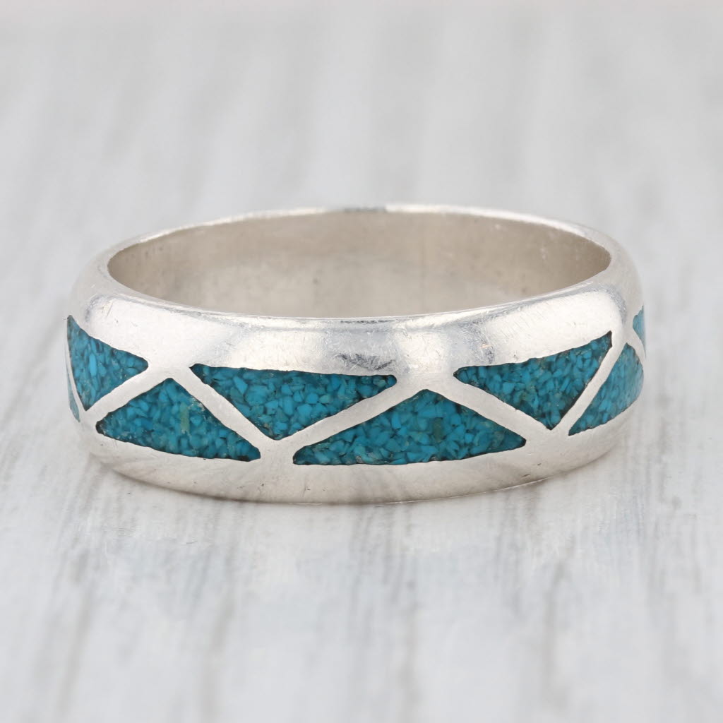 Vintage Southwestern Turquoise Mosaic Ring Sterling Silver Size 13.5 Men's Band
