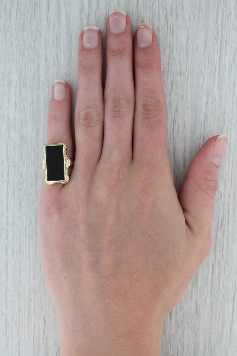 Dark Gray Vintage Floral Onyx Ring 14k Yellow Gold Size 4.5 Rectangle Statement