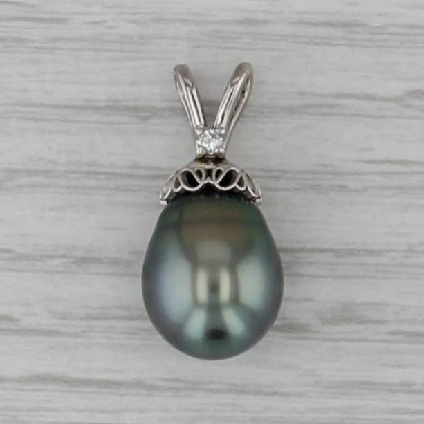 Cultured Black Pearl Diamond Pendant 14k White Gold Drop