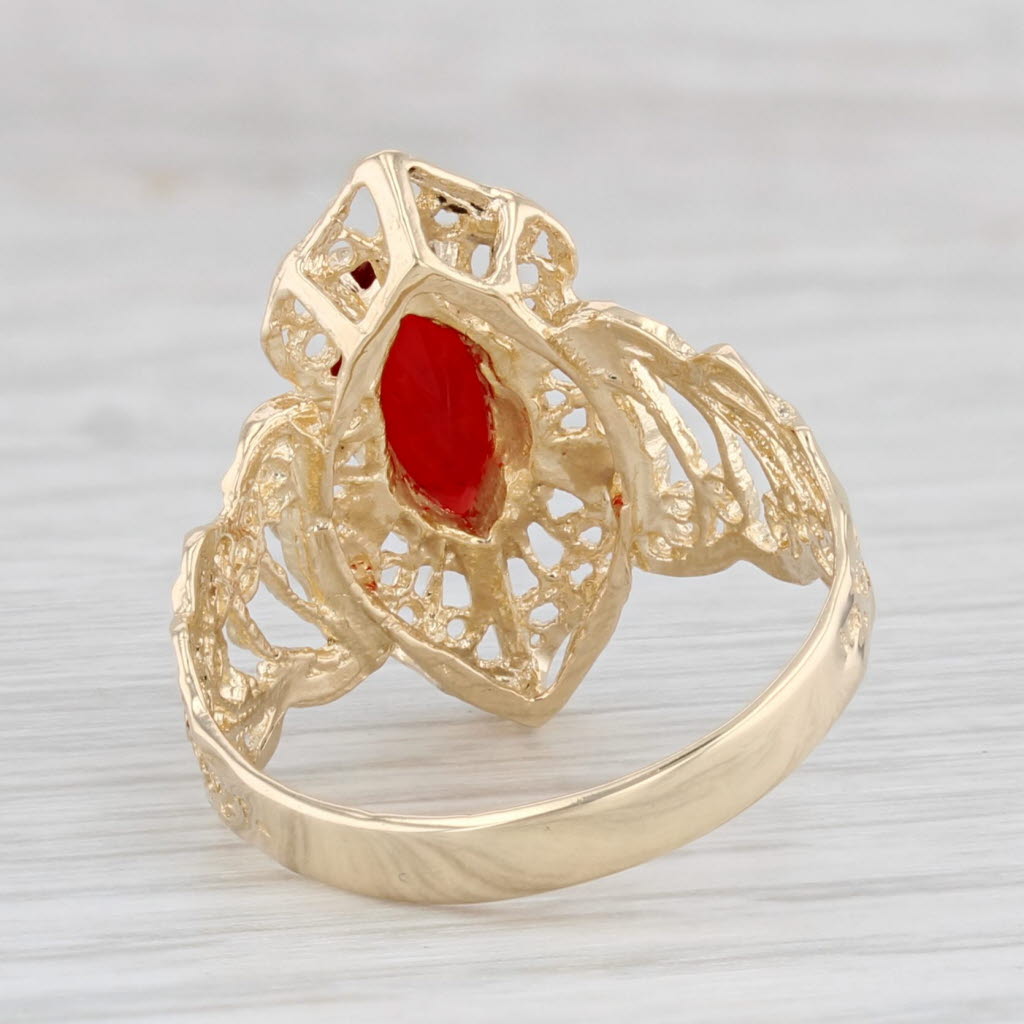 Light Gray Red Glass Marquise Solitaire Ring 14k Yellow Gold Ornate Filigree Size 6.5