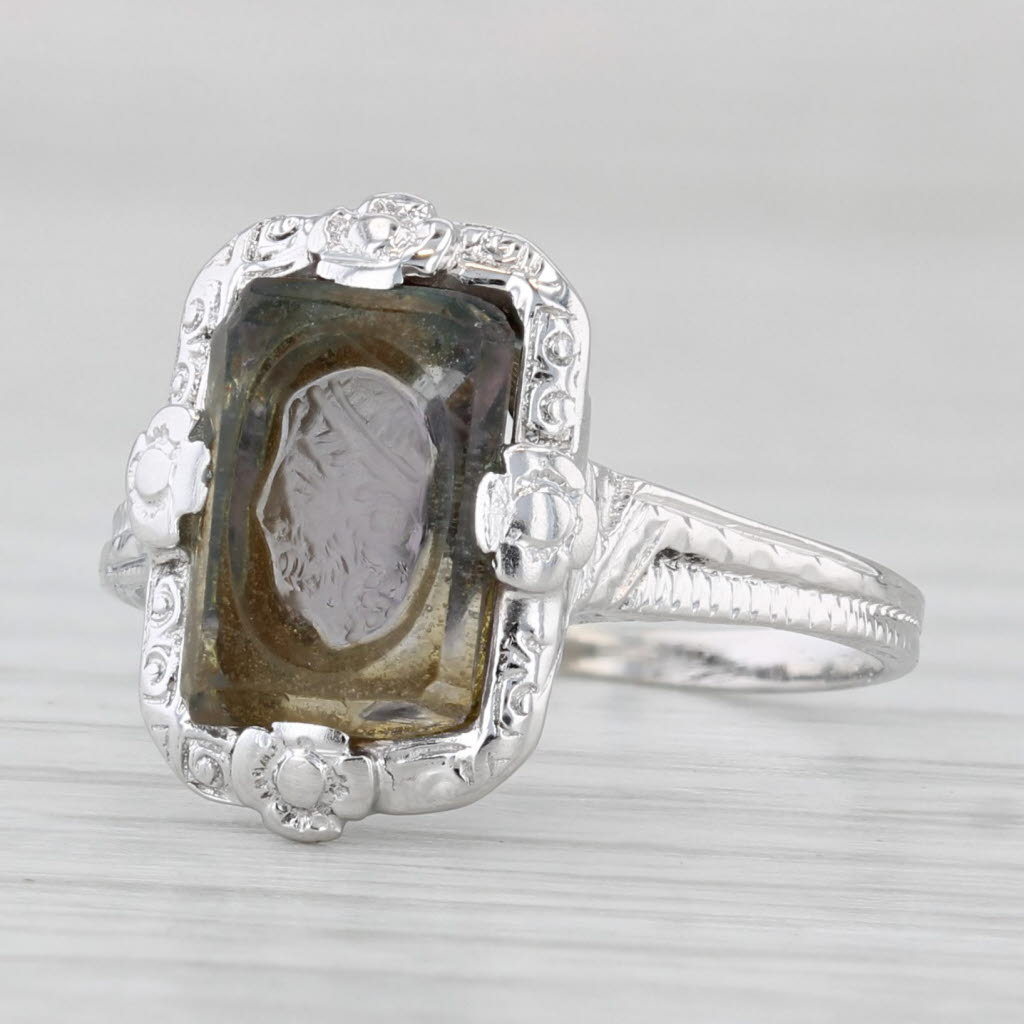 Light Gray Glass Intaglio Signet Ring 18k White Gold Size 6.5 Vintage