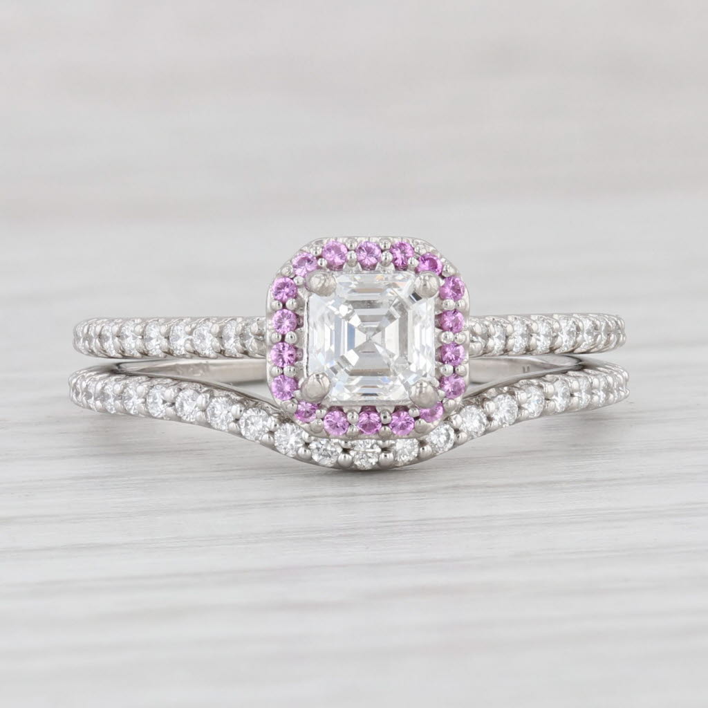 Light Gray GIA 1.13ctw Diamond Pink Sapphire Halo Engagement Ring Wedding Band Set Platinum