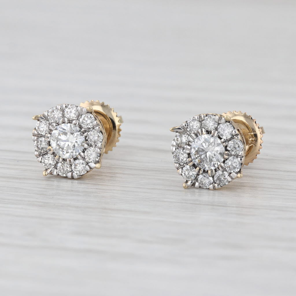 New 0.57ctw Diamond Halo Stud Earrings 14k Yellow Gold Screw Back Studs