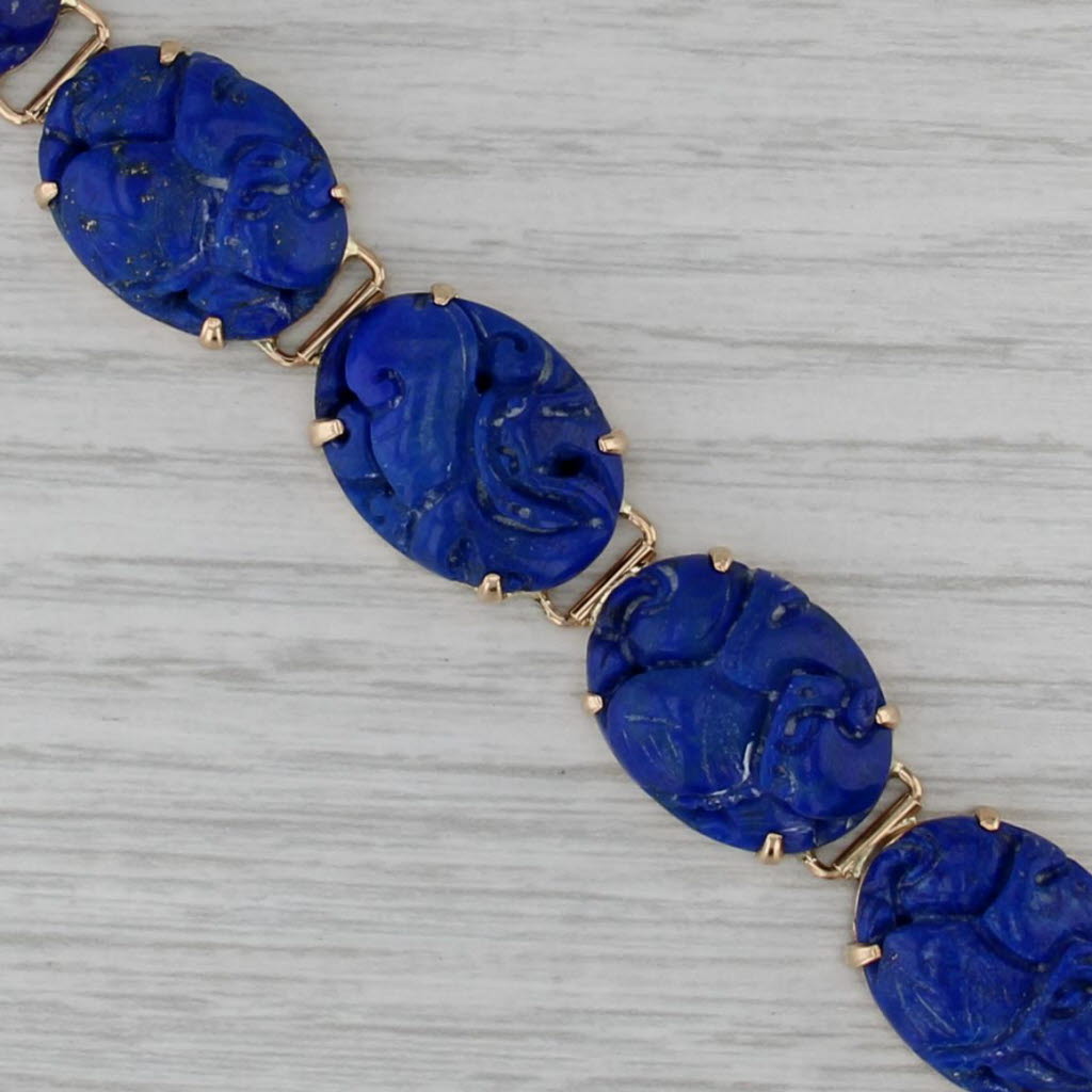 Ornate Carved Oval Cabochon Lapis Lazuli Bracelet 14k Yellow Gold 6.75" 14.4mm