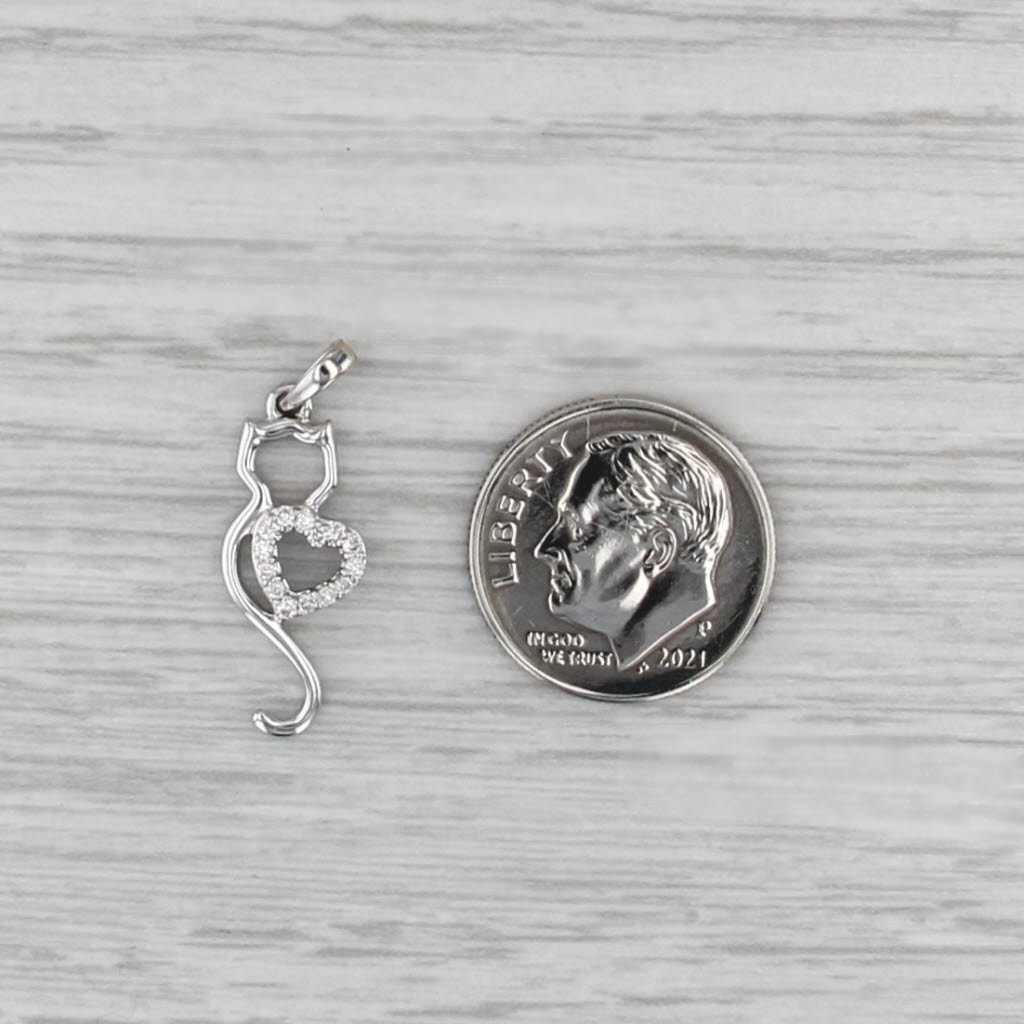 Diamond Heart Cat Pendant 14k White Gold Charm