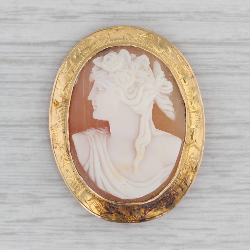 Gray Vintage Carved Shell Cameo Brooch 10k Yellow Gold Pendant Pin