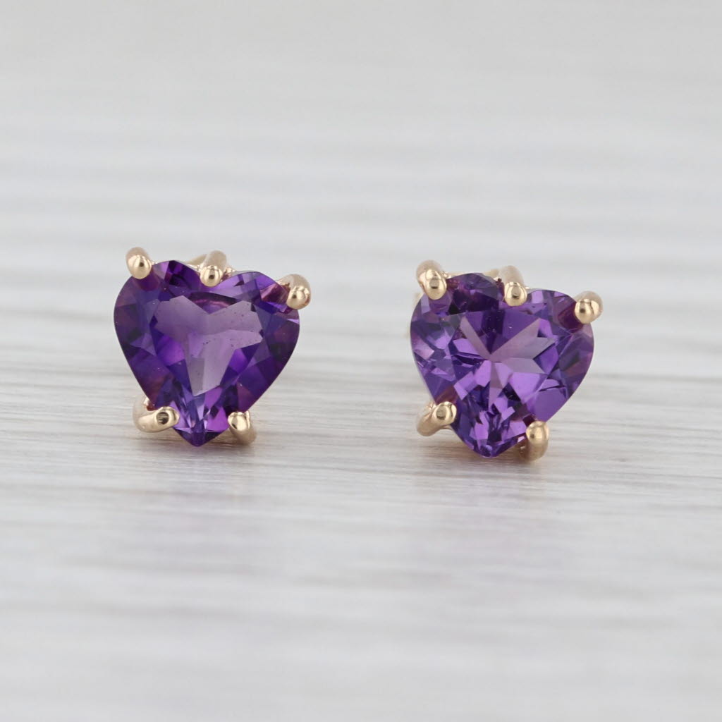 1.50ctw Amethyst Heart Stud Earrings 14k Yellow Gold Pierced Studs