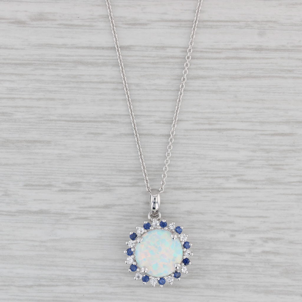 Gray Lab Created Opal Lab Created Sapphire Pendant Necklace Sterling Silver 18"