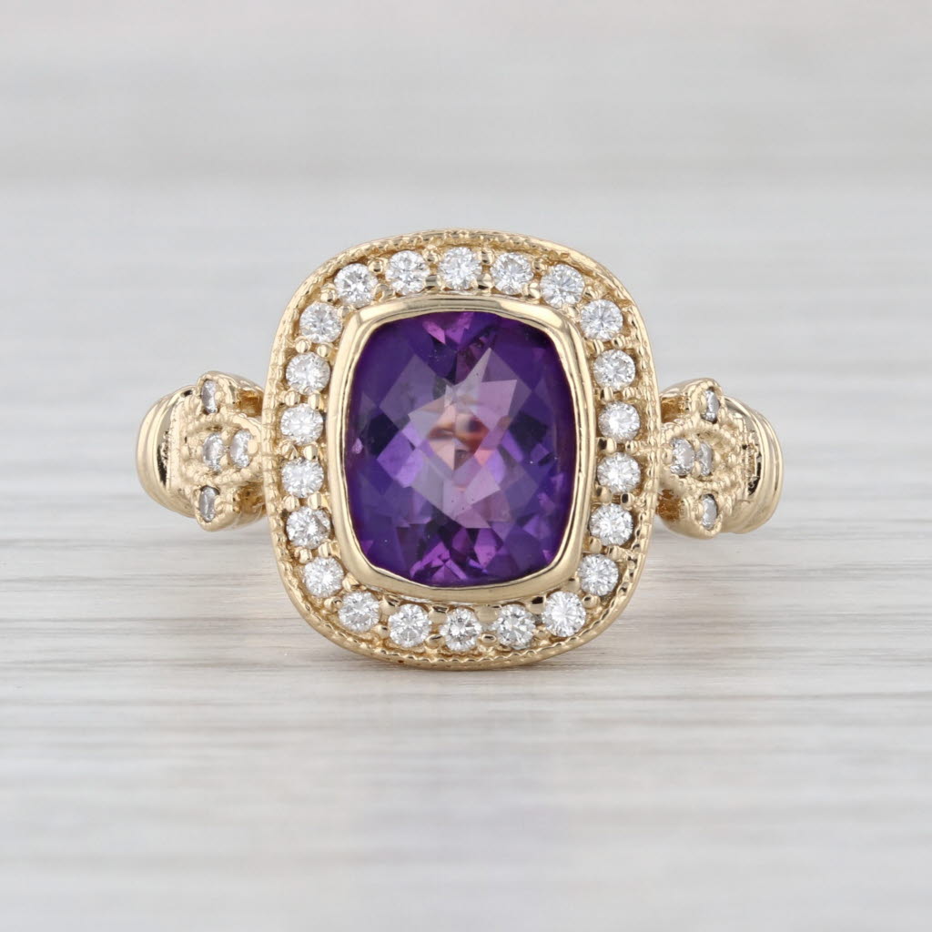 2.90ctw Amethyst Halo Ring 14k Yellow Gold Size 6.75 Openwork Flowers