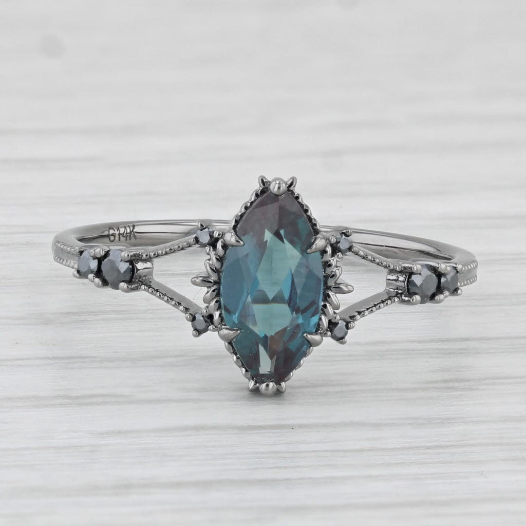 Light Gray Lab Created Alexandrite Simulated Black Diamond Gothic Ring 14k Gold Size 9-9.25